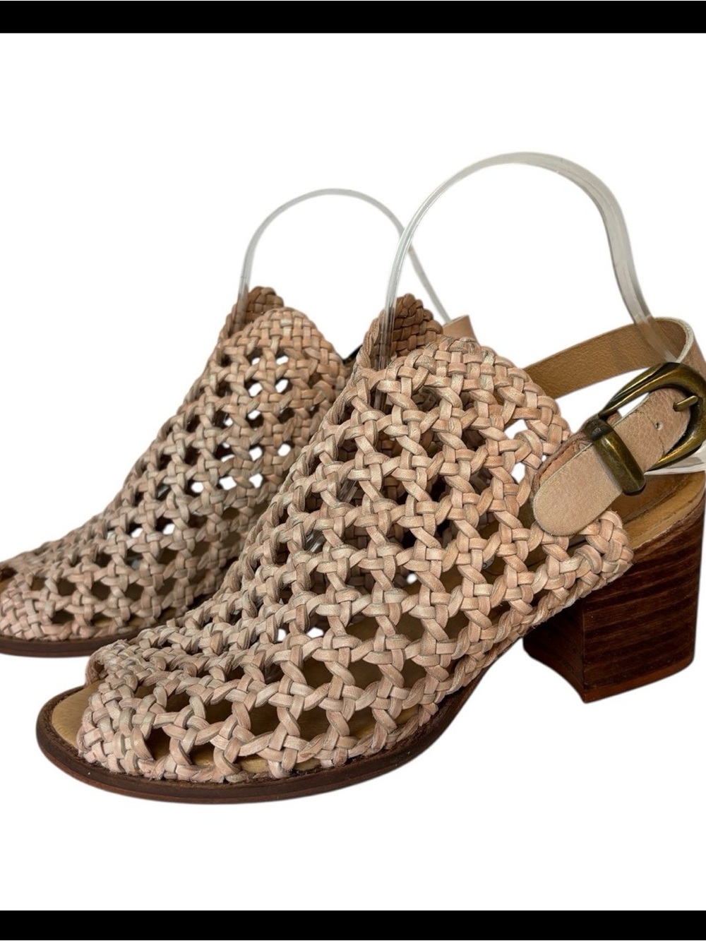 Woven Slingback Block Heel Mules - Beige